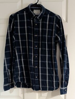 Deus Ex Machina Men's Indigo Windowpane Button-Down Shirt Small